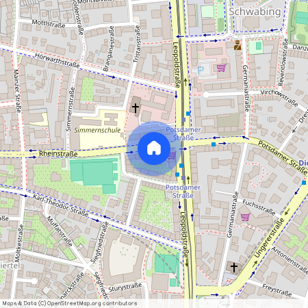 Rheinstraße, 80803 München Schwabing ca. 3, 2 km north of Munich-center