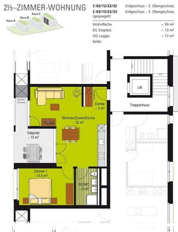 2.5 Zimmer, 59 m², 2. Stock - Foto 3