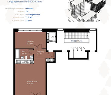 2.5 Zimmer, 73 m², 9. Stock - Foto 3