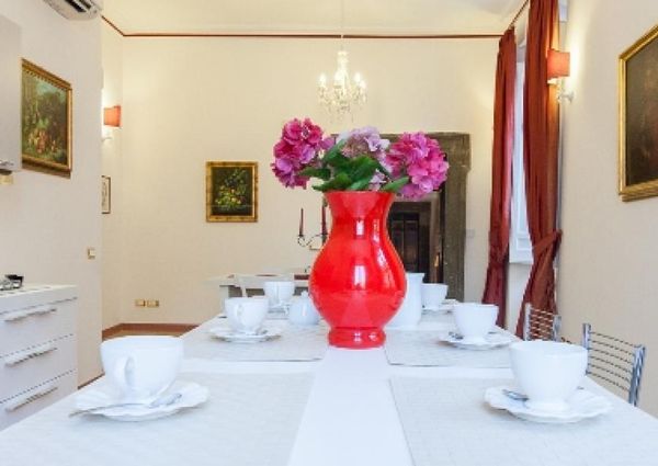 Center-Historic Jewish Quarter: Elegant apartment situated in beautiful Palazzo Nobiliare. Entrance, spacious living with original wood frescoed ceilings, large modern dining and kitchen, 4 bedrooms, 4 Baths, small terrace. #1527