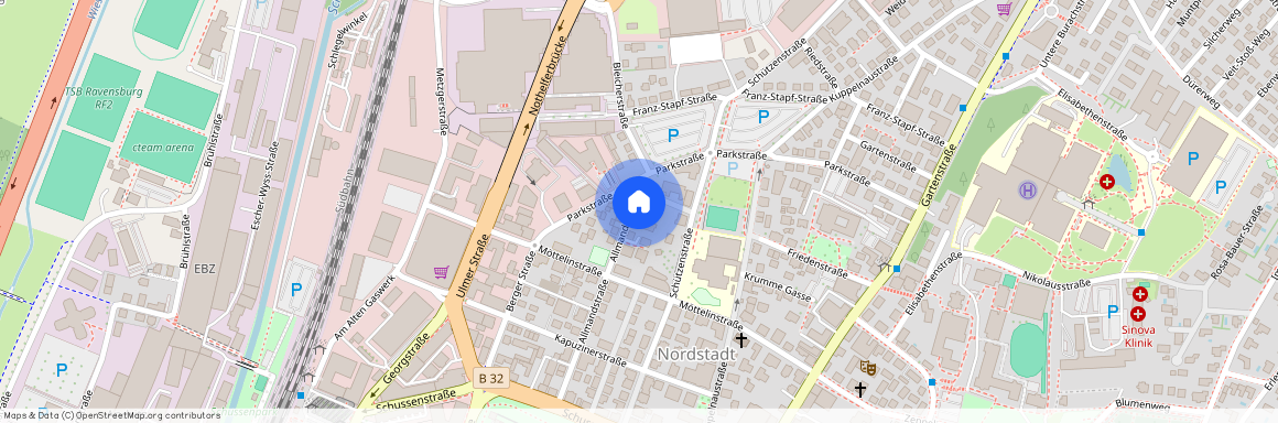 Allmandstraße 20 in 88212 Ravensburg. Das Zentrum von Ravensburg liegt je nach Gangart in