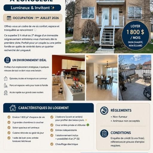Grand 5 ½ à louer – Longueuil - Photo 1