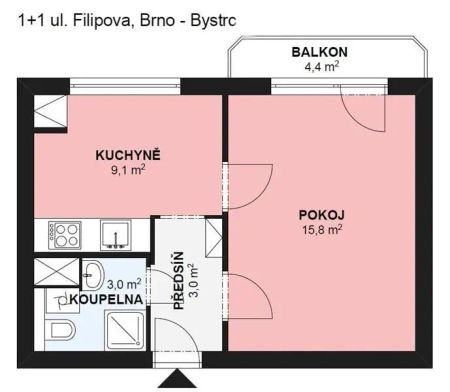 Pronájem bytu 1+1, ul. Filipova, Brno - Bystrc, lodžie, klidná lokalita - Fotografie 4
