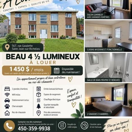 Beau 4 ½ propre et lumineux à louer à St-Jean-sur-Richelieu - rénové - Wifi inclus - Photo 4
