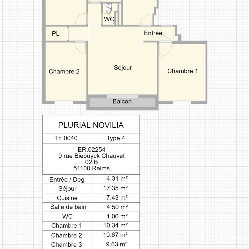 Location appartement T4 66.91m² à Reims (51100) Loyer CC * : 454.82 € Réf : ER.02254 - Photo 2