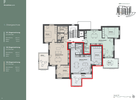 2.5 Zimmer, 60 m², 1. Stock - Foto 2