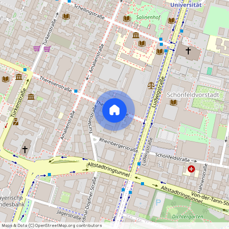 Theresienstraße, 80333 München Maxvorstadt ca. 1, 9 km north-west of Munich-center