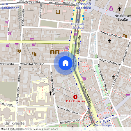 Landwehrstraße, 80336 München Ludwigsvorstadt ca. 1, 9 km west of Munich-center