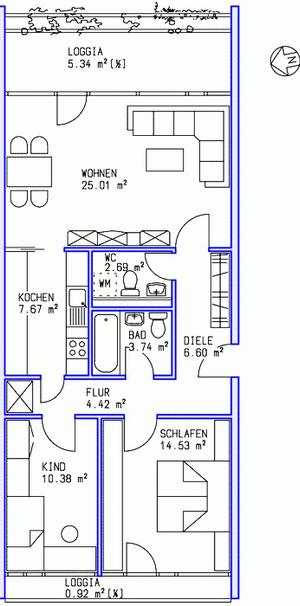 3 Zimmer, Küche, Bad, sep.WC, 2 Loggien, Aufzug, Tiefgarage, 4. Ebene - Foto 1