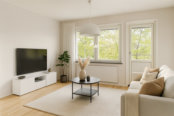 Välkommen till denna mycket fina och delvis renoverade lägenhet på andra våningen i populära Karlsberg, Svenljunga. Här bor du bekvämt med moderna inslag och tillgång till balkong. Köket är fullt utrustat med bland annat diskmaskin, gott om förvaring och bra arbetsytor. Vardagsrummet är rymligt och ljust och balkong från köket, perfekt för en kopp kaffe i morgonsolen. Sovrummet erbjuder generöst utrymme med inbyggda garderober. I huset bredvid finns gemensam tvättstuga. Fiber finns indraget, och Telias TV-paket Lagom ingår i hyran. - Foto 1