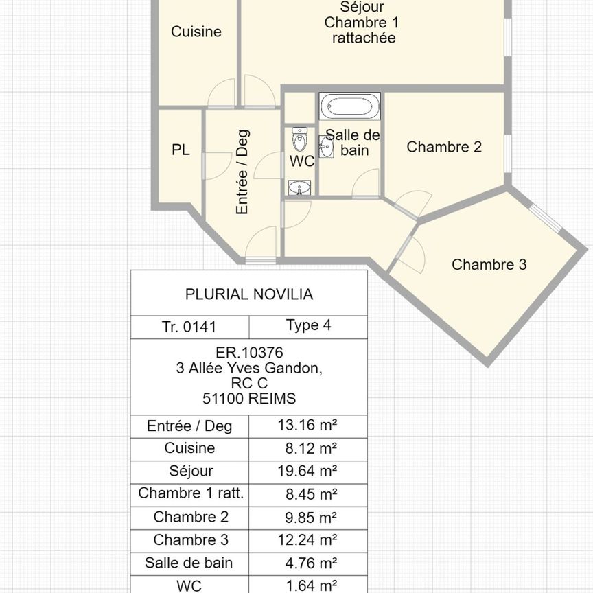 Location appartement T4 80.64m² à Reims (51100) Loyer CC * : 554.36 € Réf : ER.10376 - Photo 2