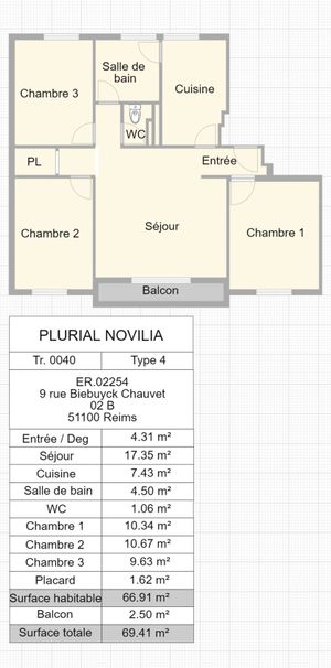 Location appartement T4 66.91m² à Reims (51100) Loyer CC * : 454.82 € Réf : ER.02254 - Photo 2