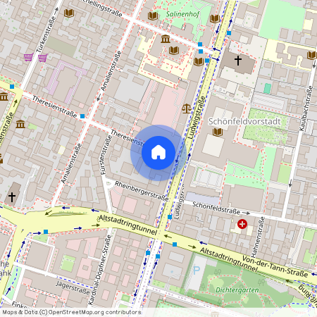 Theresienstraße, 80333 München Maxvorstadt ca. 1, 2 km north-west of Munich-center