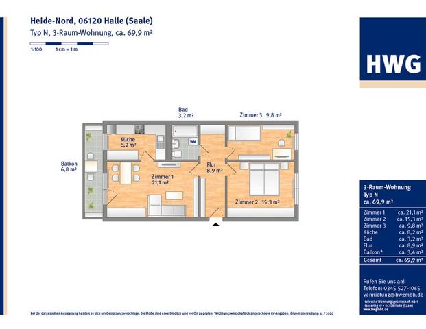 Helle 3 Zimmer Wohnung mit Dusche in der 5. Etage - Photo 1
