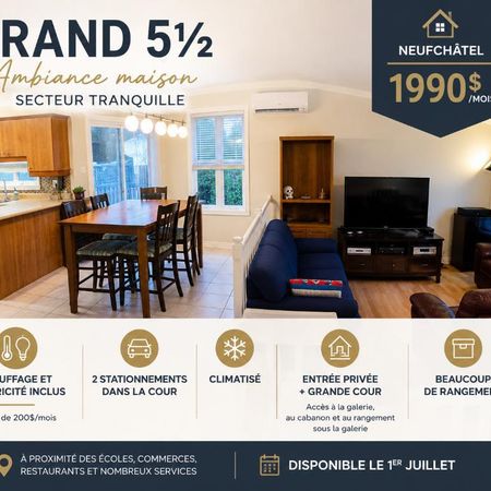 Grand 5 ½ lumineux dans une maison, sur deux étages – Cour, galerie et 2 stationnements, chauffé - éclairé – Neufchâtel - Photo 3
