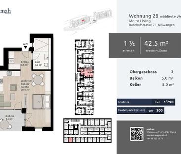 1.5-room, furnished with balcony – urban rent in Killwangen - Photo 3