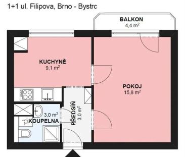 Pronájem bytu 1+1, ul. Filipova, Brno - Bystrc, lodžie, klidná loka... - Fotografie 4