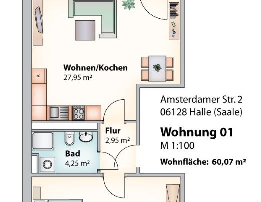 Bequem im Hochparterre. Gemütliche 2-Raum-Wohnung mit offener Küche und Duschbad in Halles Süden - Foto 1