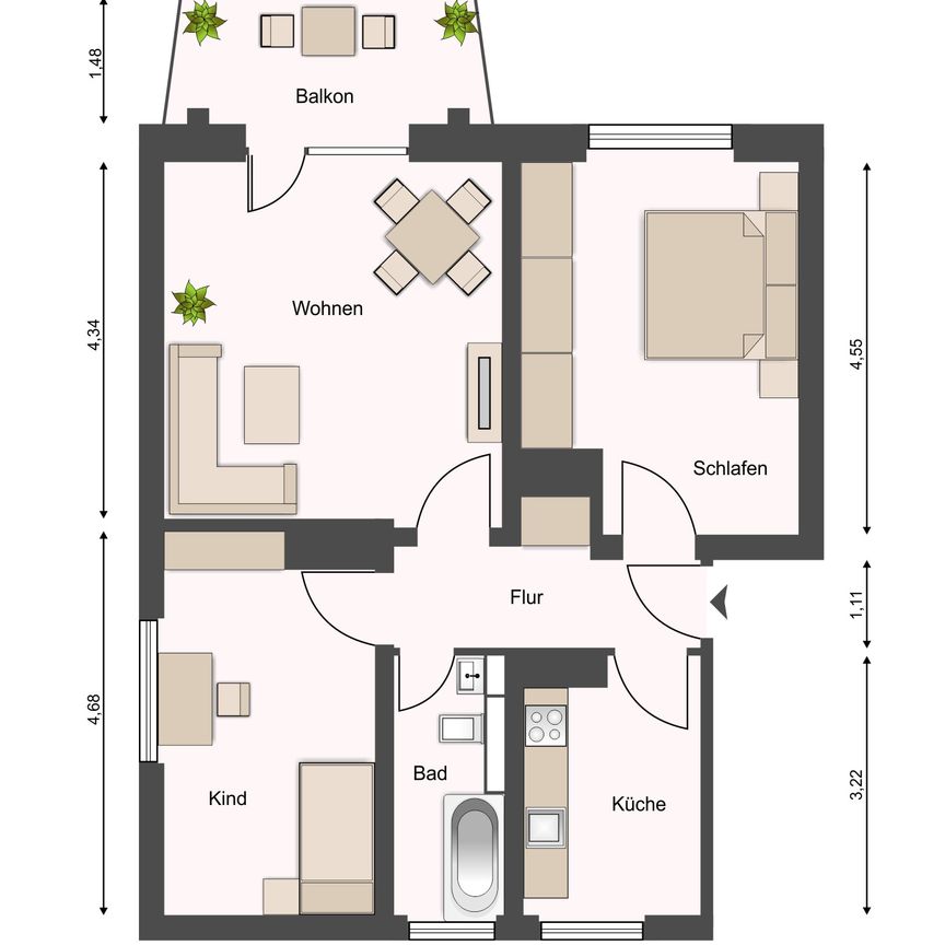 3-Raumwohnung für Familie im Stadtzentrum mit Balkon - Photo 1