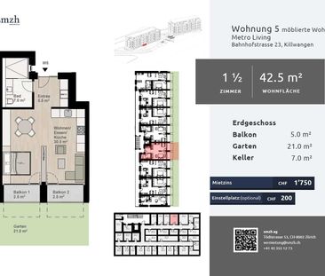 1.5-room, furnished with garden – urban rent in Killwangen - Foto 2