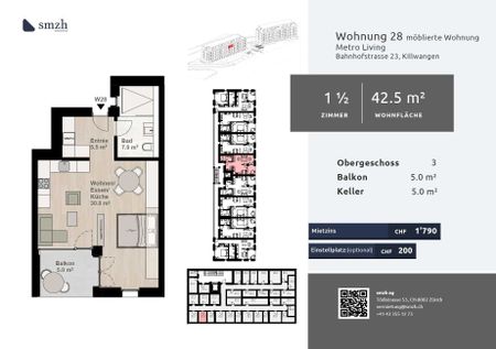 1.5-room, furnished with balcony – urban rent in Killwangen - Photo 3