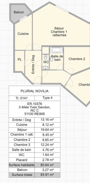 Location appartement T4 80.64m² à Reims (51100) Loyer CC * : 554.36 € Réf : ER.10376 - Photo 1