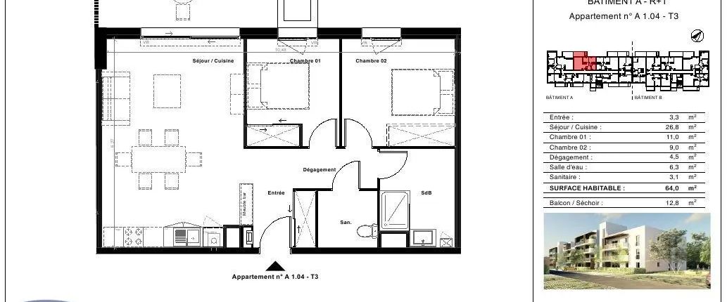 Appartement à louer 3 pièces 64m² - Photo 1
