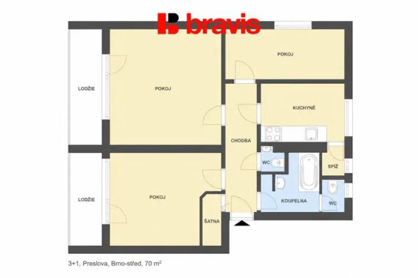 Pronájem bytu 3+1, Brno - Pisárky, Preslova ulice, 2 lodžie - Photo 1