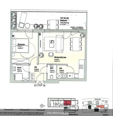 NEUBAUERSTBEZUG: MODERNE; RUHIGE 2 ZIMMERWOHNUNG MIT BEEINDRUCKENDEM BALKON + GARAGENPLATZ - Foto 2