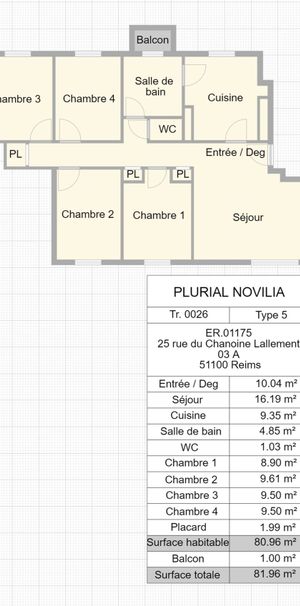 Location appartement T5 80.96m² à Reims (51100) Loyer CC * : 492.96 € Réf : ER.01175 - Photo 1