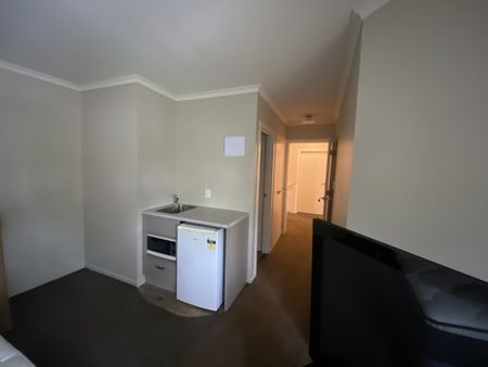 Furnished studio room featuring essential amenities such as a bed, TV, bar fridge, microwave, and heat pump. - Photo 3