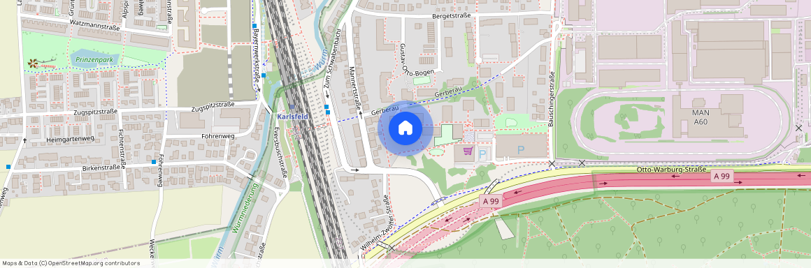 Gerberau, 80997 München Allach ca. 11, 8 km north-west of Munich-center