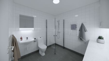 Välkommen till ett modernt boende på 101 kvadratmeter med en generös och genomtänkt planlösning som ger gott om plats för hela familjen. Lägenheten har tre separata sovrum, två toaletter, ett stort och ljust vardagsrum i anslutning till köket samt en rymlig matplats som gör det enkelt att umgås och bjuda hem vänner. Köket är stilrent och fullt utrustat med diskmaskin och bra förvaringsmöjligheter. Det fräscha badrummet har dusch, fönster och egen tvättutrustning (tvättmaskin och torktumlare), vilket gör vardagen bekväm. Öppen fiber finns och man tecknar själv avtal med den leverantör man önskar. Lägenheten har IMD (individuell mätning och debitering) för vatten och el, vilket innebär att du betalar för din faktiska förbrukning. Värme ingår i hyran. - Foto 5