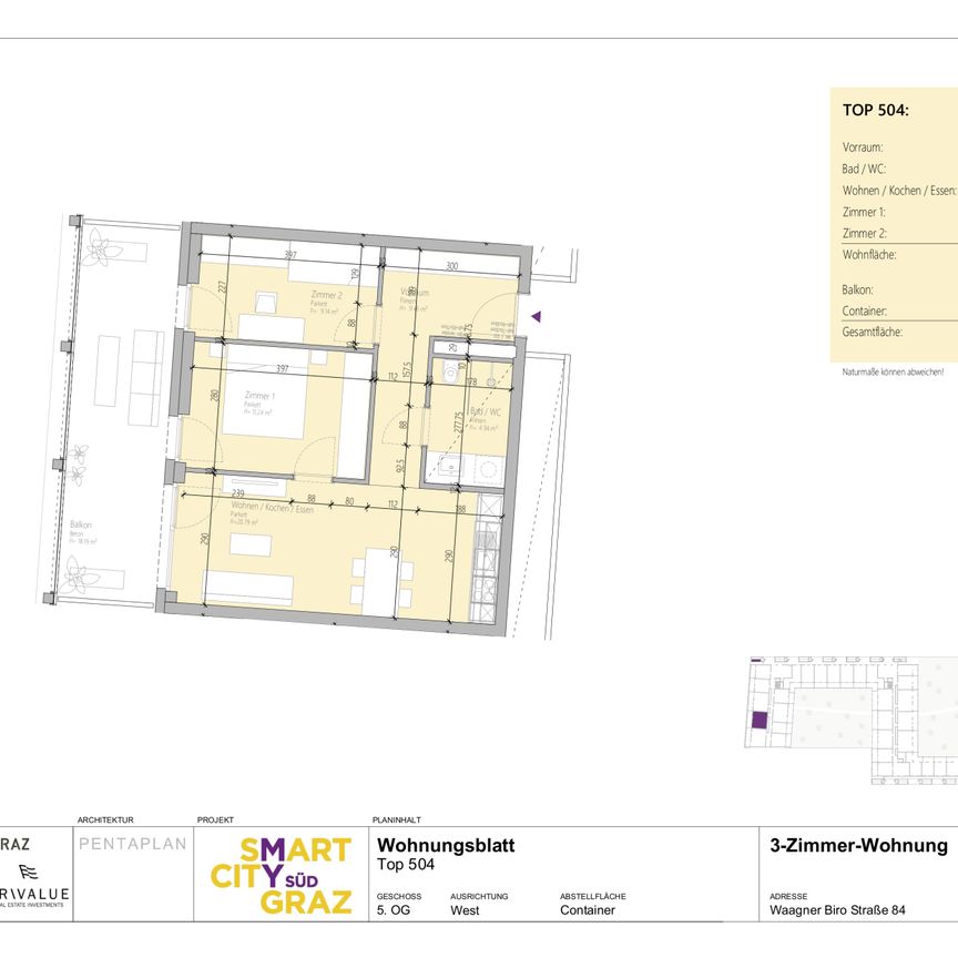 Smart City Süd Top 504: Hochwertige 3 Zimmerwohnung mit Balkon - Foto 2