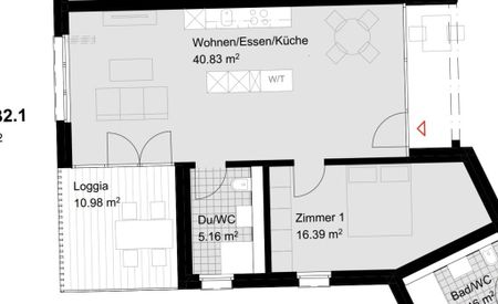 2.5 Zimmer, 63 m², 2. Stock - Foto 2
