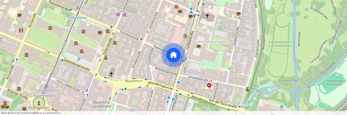 Theresienstraße, 80333 München Maxvorstadt ca. 1, 2 km north-west of Munich-center