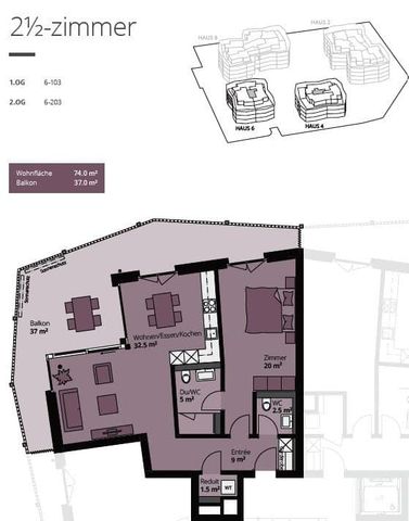 2.5 Zimmer, 74 m² - Foto 3