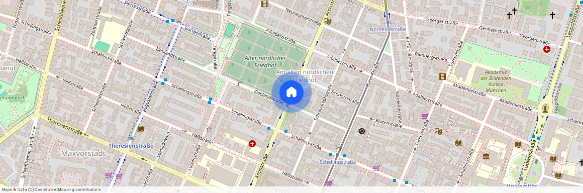 Arcisstraße, 80799 München Maxvorstadt ca. 1, 6 km north-west of Munich-center