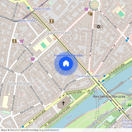 Fraunhoferstraße, 80469 München Glockenbachviertel ca. 1, 3 km south of Munich-center