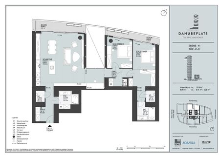Großzügige 3 Zimmer Wohnung im 41.Stock inkl. atemberaubendem Blick auf die Donau und den Kahlenberg! - Foto 3
