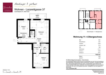 Geförderte Mietwohnung in der Lazarettgasse mit 3 Zimmer mit Balkon, TOP11 [GF,LZG] - Photo 3